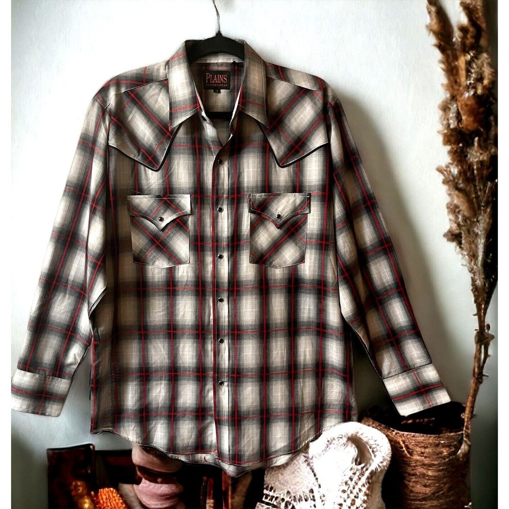 Plains Western Ware Shirt Brush Popper Black Pearl Snap Long Sleeve Men's Medium